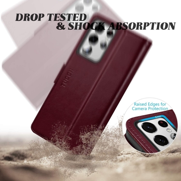 TUCCH Wallet Phone Case for Galaxy S21 Ultra 5G RFID Wine Red New - Picture 9 of 10